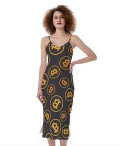 Bitcoin Cryptocurrency Pattern Print Slim Fit Midi Cami Dress