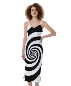 Black And White Spiral Illusion Print Slim Fit Midi Cami Dress