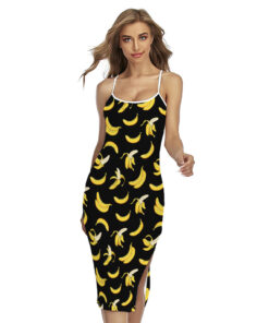 Black Cartoon Banana Pattern Print Cross Back Cami Dress