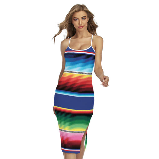 Ethnic Mexican Serape Pattern Print Cross Back Cami Dress
