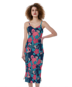 Flamingo And Hawaiian Floral Print Slim Fit Midi Cami Dress