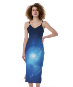 Light Blue Space Print Slim Fit Midi Cami Dress