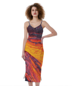 Volcano Lava Print Slim Fit Midi Cami Dress