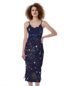 Zodiac Star Signs Galaxy Space Print Slim Fit Midi Cami Dress
