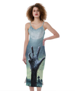 Zombie Hand Rising From Grave Print Slim Fit Midi Cami Dress